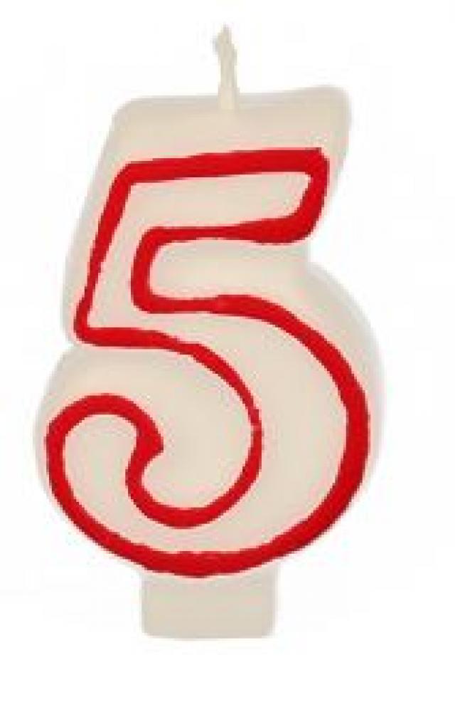 BIRTHDAY CANDLES “5” WHITE W RED EDGE, Pap Star