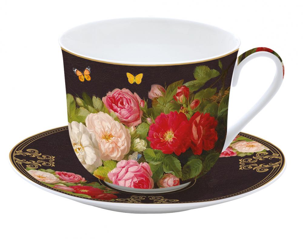 VICTORIAN GARDEN TASE 400ML AR APAKŠTASI DĀVANU KASTĒ, ZIEDI, PORCELĀNS, Easy Life