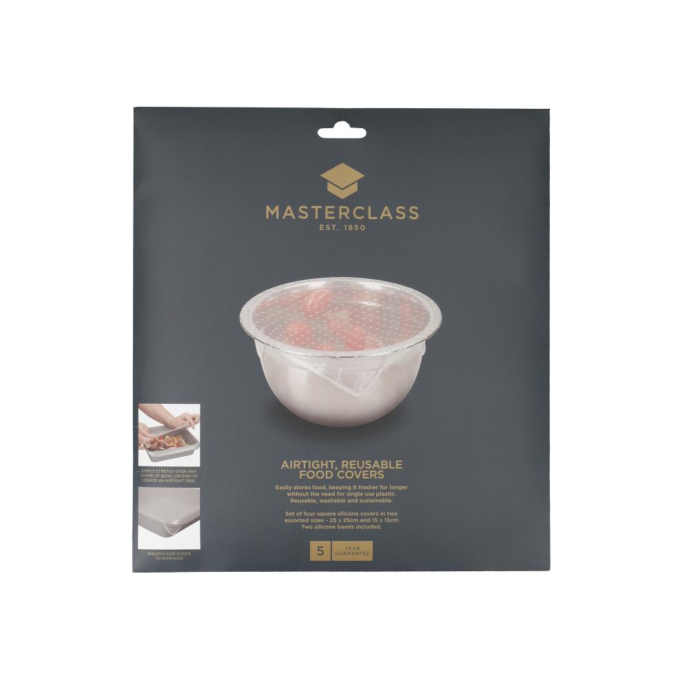 MASTERCLASS SILICONE FOOD COVER, SET OF 4 COVERS IN TWO  SIZES - 15CM AND 25CM, Masterclass
