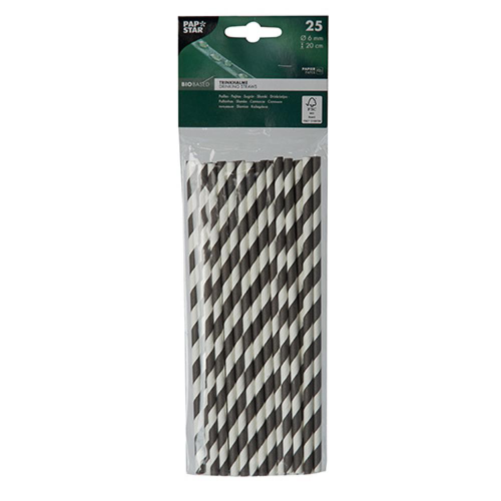 "25 DRINKING STRAWS MADE OF PAPER Ø 6 MM · 20 CM BLACK/WHITE ""STRIPES""", Pap Star