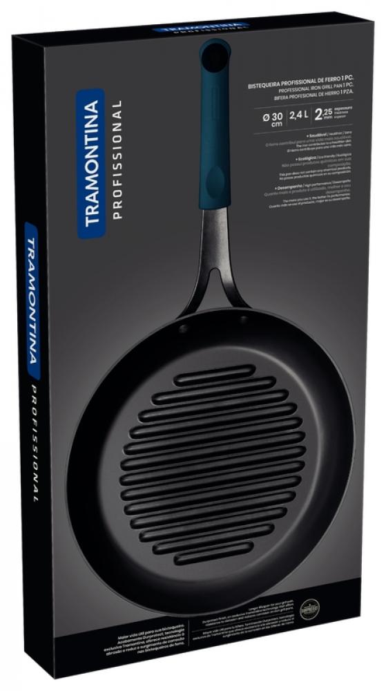 PROFESSIONAL ČUGUNA GRILL PANNA 30CM, AR SILIKONA UZMAVU ROKTURIM, MELNA, Tramontina