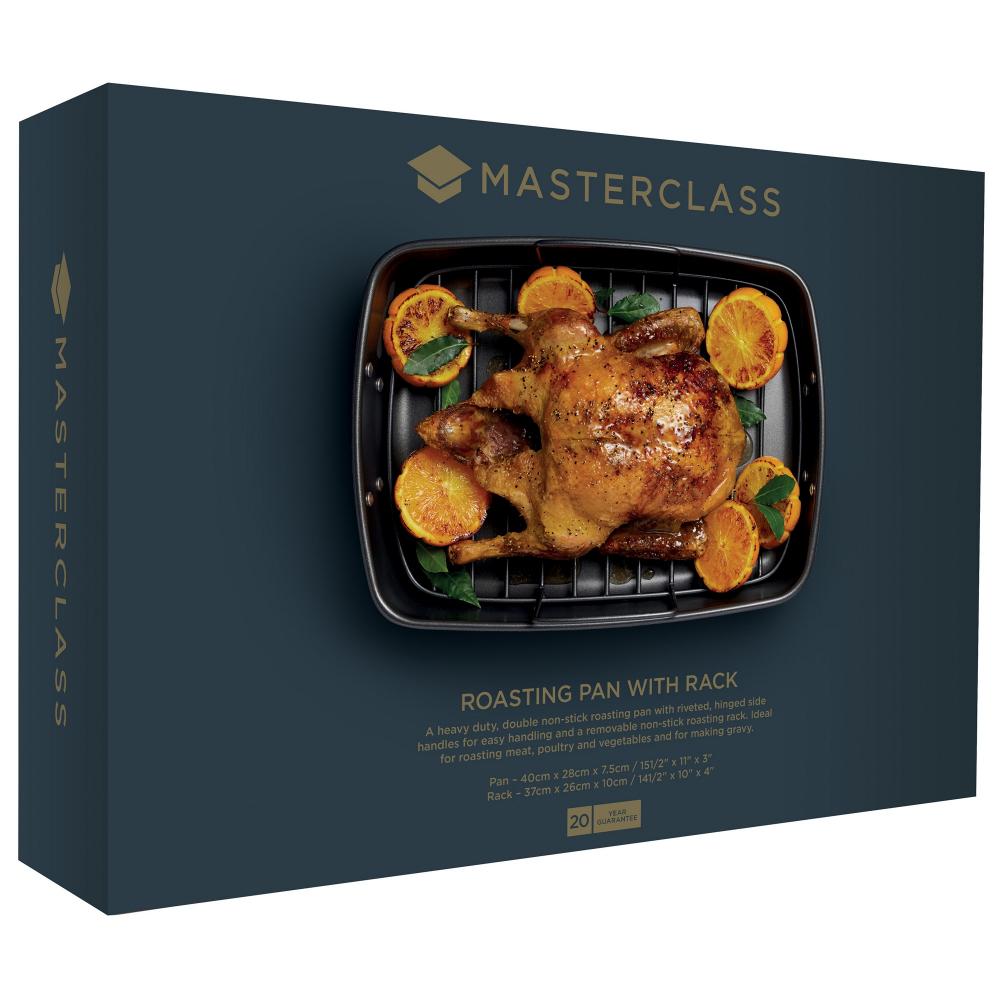 MASTERCLASS NON-STICK ROASTER WITH RACK, 40X28X7.5CM, DISPLAY BOXED, Masterclass