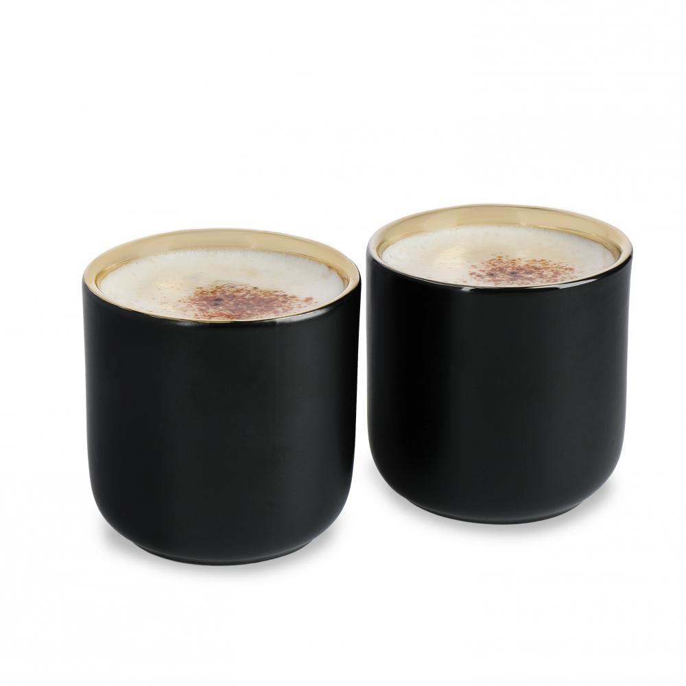 LA CAFETIÈRE INSULATED CERAMIC COFFEE MUGS 110ML, 2-CUP SET, BLACK / GOLD, La Cafetiere
