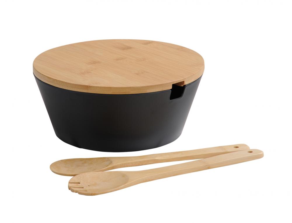 SALĀTU BĻODA AR VĀKU UN SALĀTU KAROTĒM D26CM, H11CM, MELNA, MELAMĪNS/BAMBUSS, FSC, Kesper