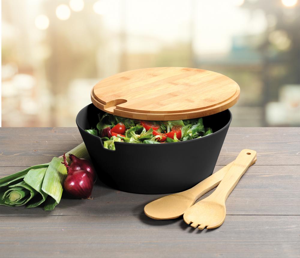 SALĀTU BĻODA AR VĀKU UN SALĀTU KAROTĒM D26CM, H11CM, MELNA, MELAMĪNS/BAMBUSS, FSC, Kesper
