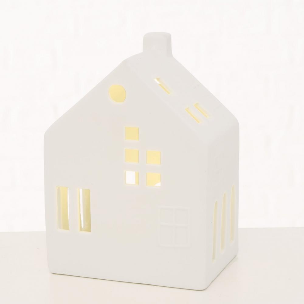HYGGA DEKORS AR GAISMIŅU, MĀJA H14CM 10X7.5CM, BALTS, PORCELĀNS, LED, 3XLR44, Boltze