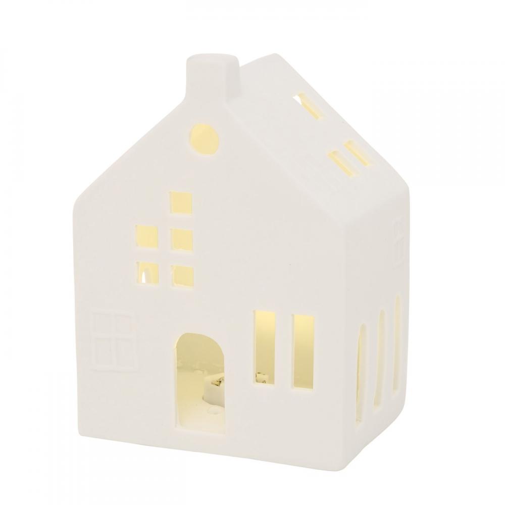 HYGGA DEKORS AR GAISMIŅU, MĀJA H14CM 10X7.5CM, BALTS, PORCELĀNS, LED, 3XLR44, Boltze