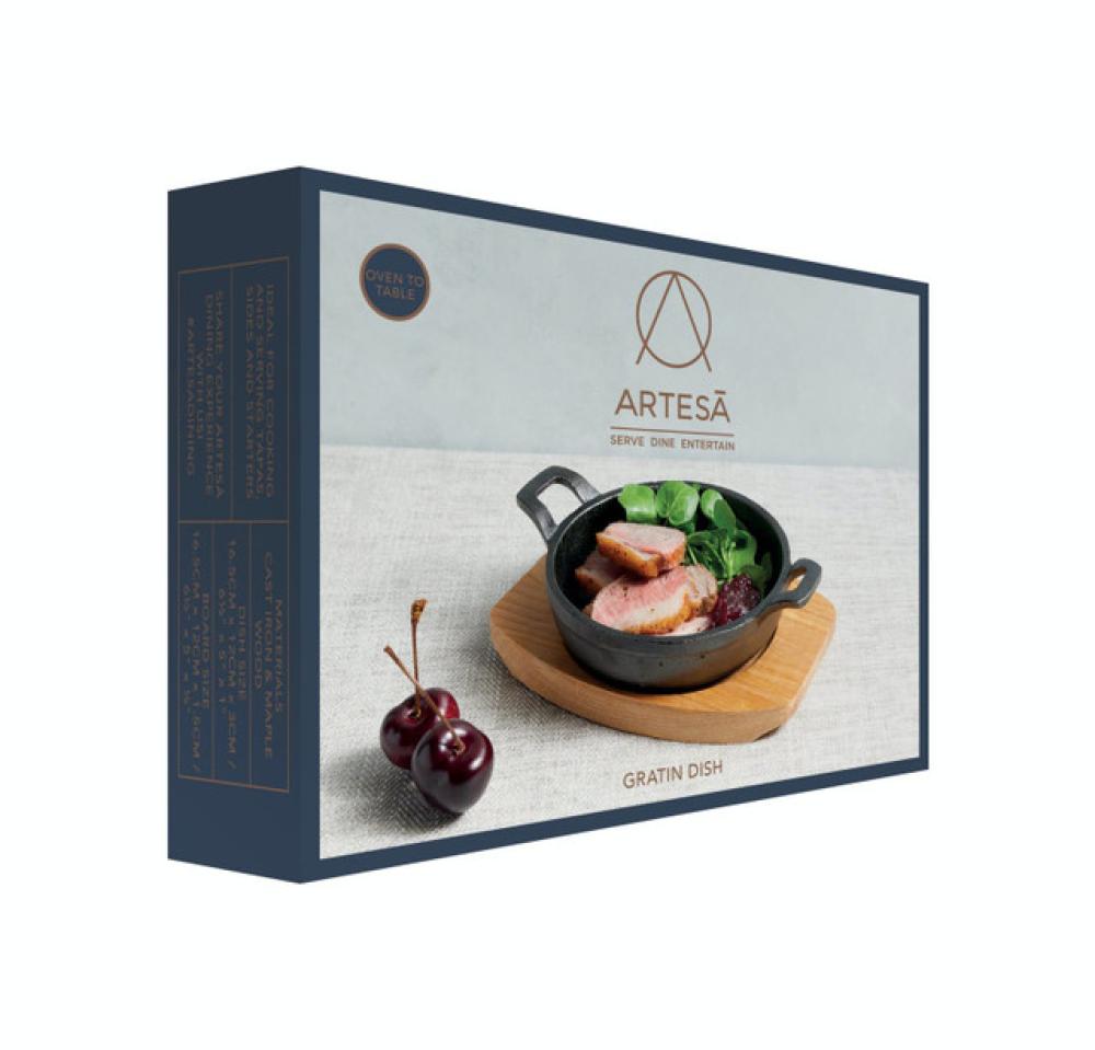 ARTESA PAN 12.5CM, OVAL WITH PAD, BLACK/BROWN, CAST IRON/WOOD, Artesa