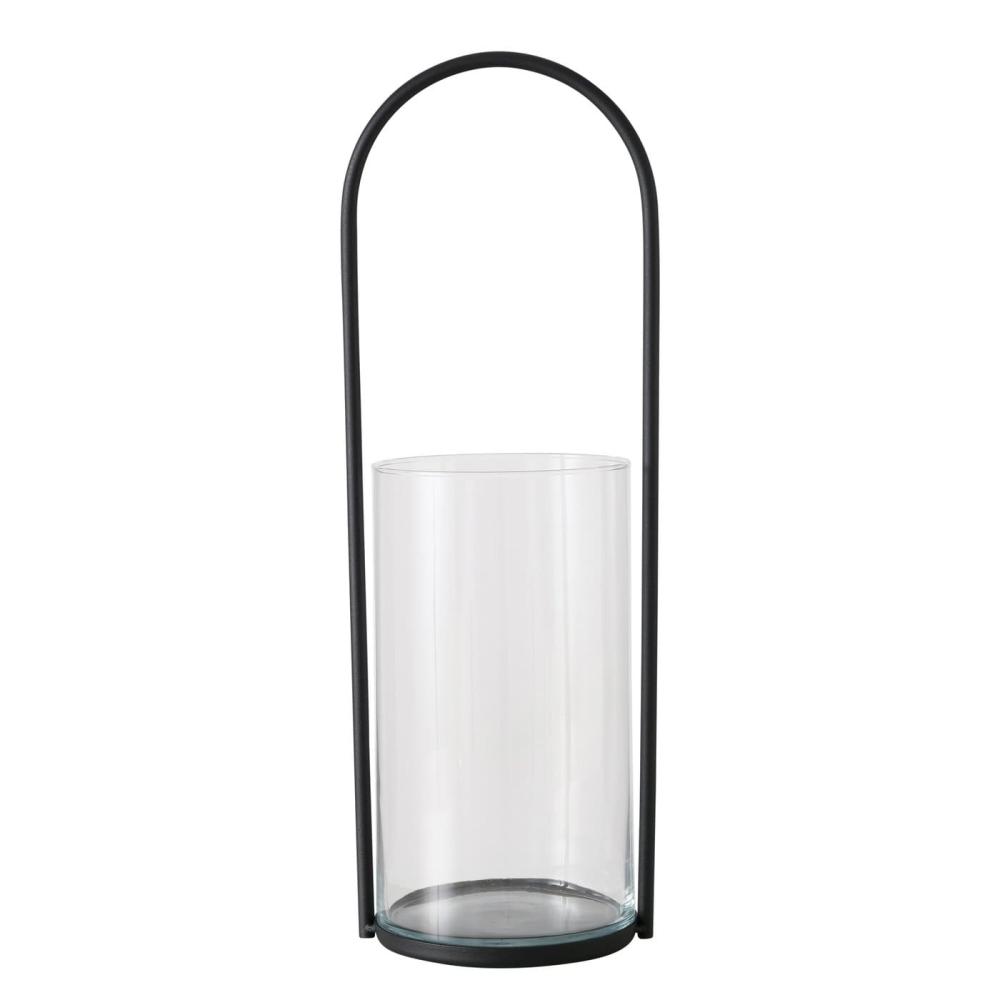 LEXI WINDLIGHT H54CM, ROUND WITH HANDLE, BLACK IRON/GLASS, Boltze