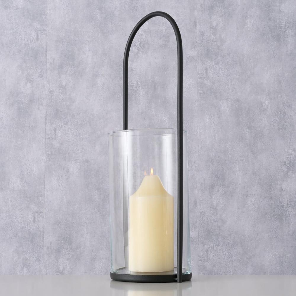 LEXI WINDLIGHT H54CM, ROUND WITH HANDLE, BLACK IRON/GLASS, Boltze