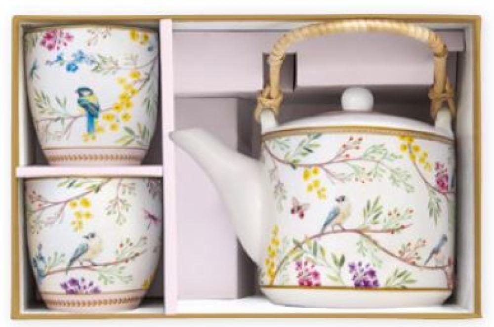 BIRDS MELODY SET TEAPOT W INFUSER 600ML, MUGS 160ML 2PCS, PORCELAIN, GIFT BOX, Easy Life