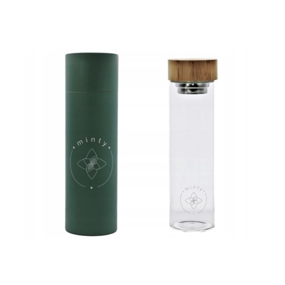 MINTY WATER BOTTLE 700ML, WITH MESH, GLASS/BAMBOO, IN GIFT BOX, MPL Consulting