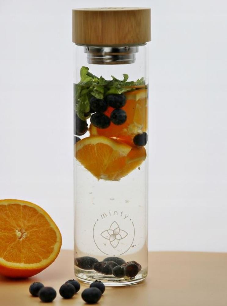 MINTY WATER BOTTLE 700ML, WITH MESH, GLASS/BAMBOO, IN GIFT BOX, MPL Consulting