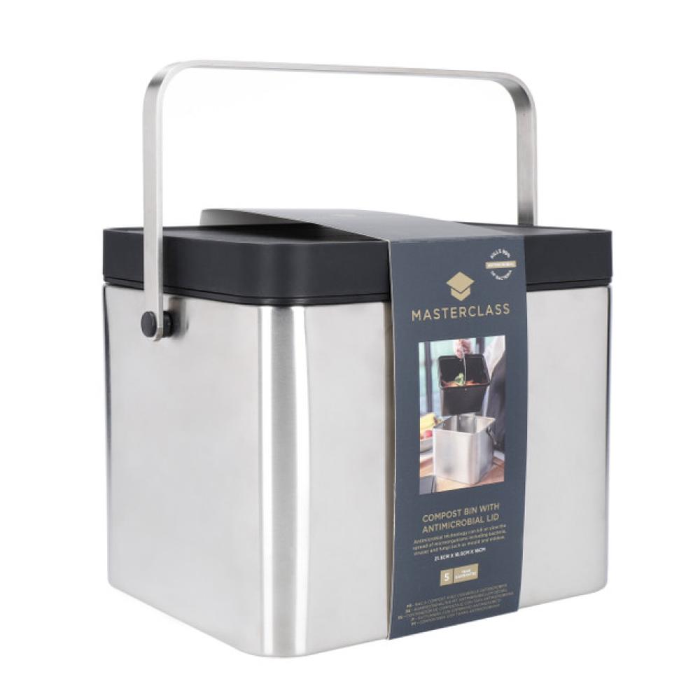 MASTERCLASS COMPOST BIN 21X19X16.5CM, WITH ANTIMICROBIAL LID, SILVER COLOR, ST.ST., Masterclass