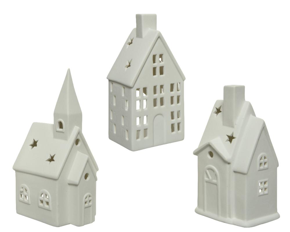 TEALIGHTHOLDER-HOUSE 7.8X7X16CM 3 TYPES, WHITE, PORCELAIN, Kaemingk