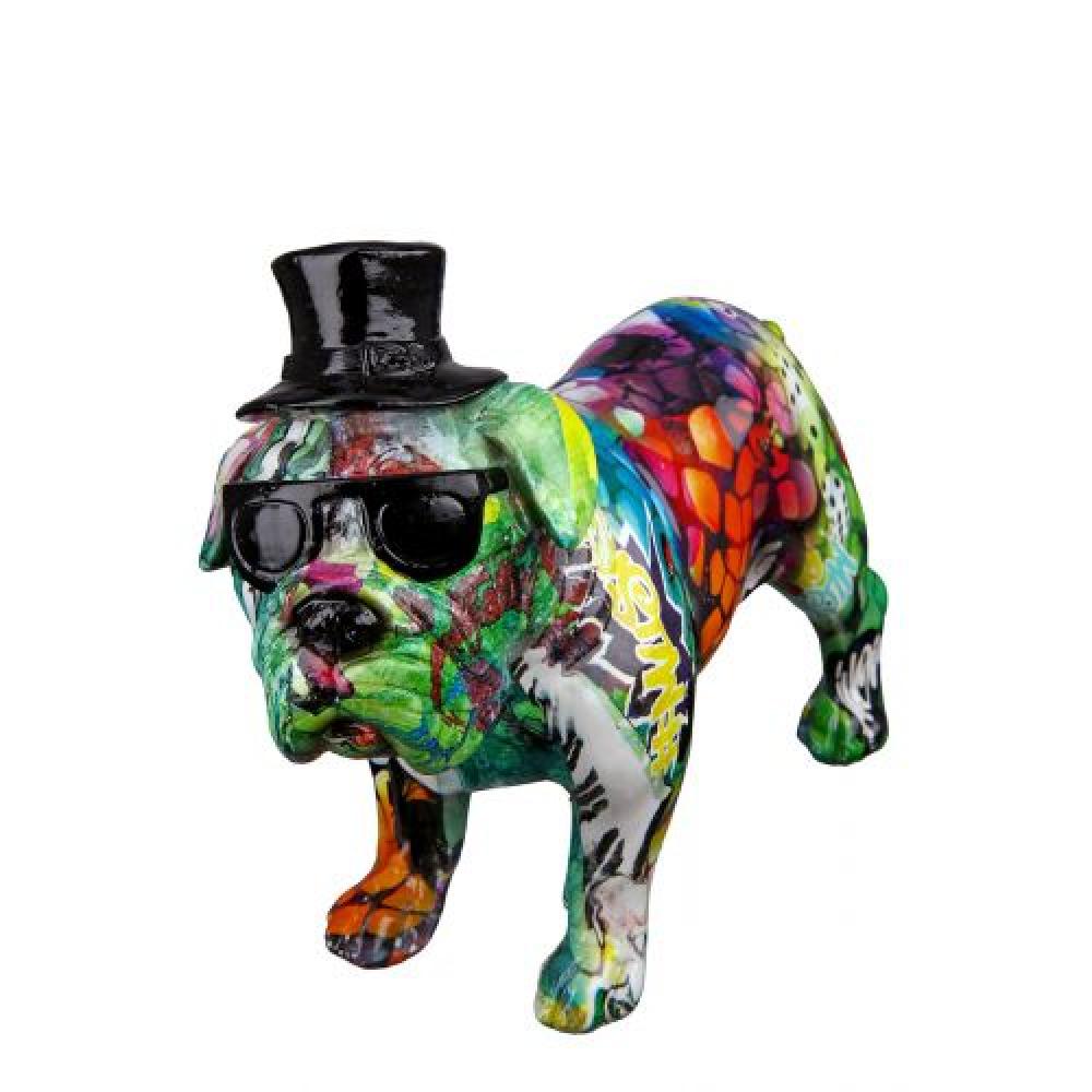 STREET ART FIGURINE - GRAFFITI BULLDOG WITH GLASSES AND TOP HAT 9X12X17CM, COLORFUL, POLYRESIN, Gilde