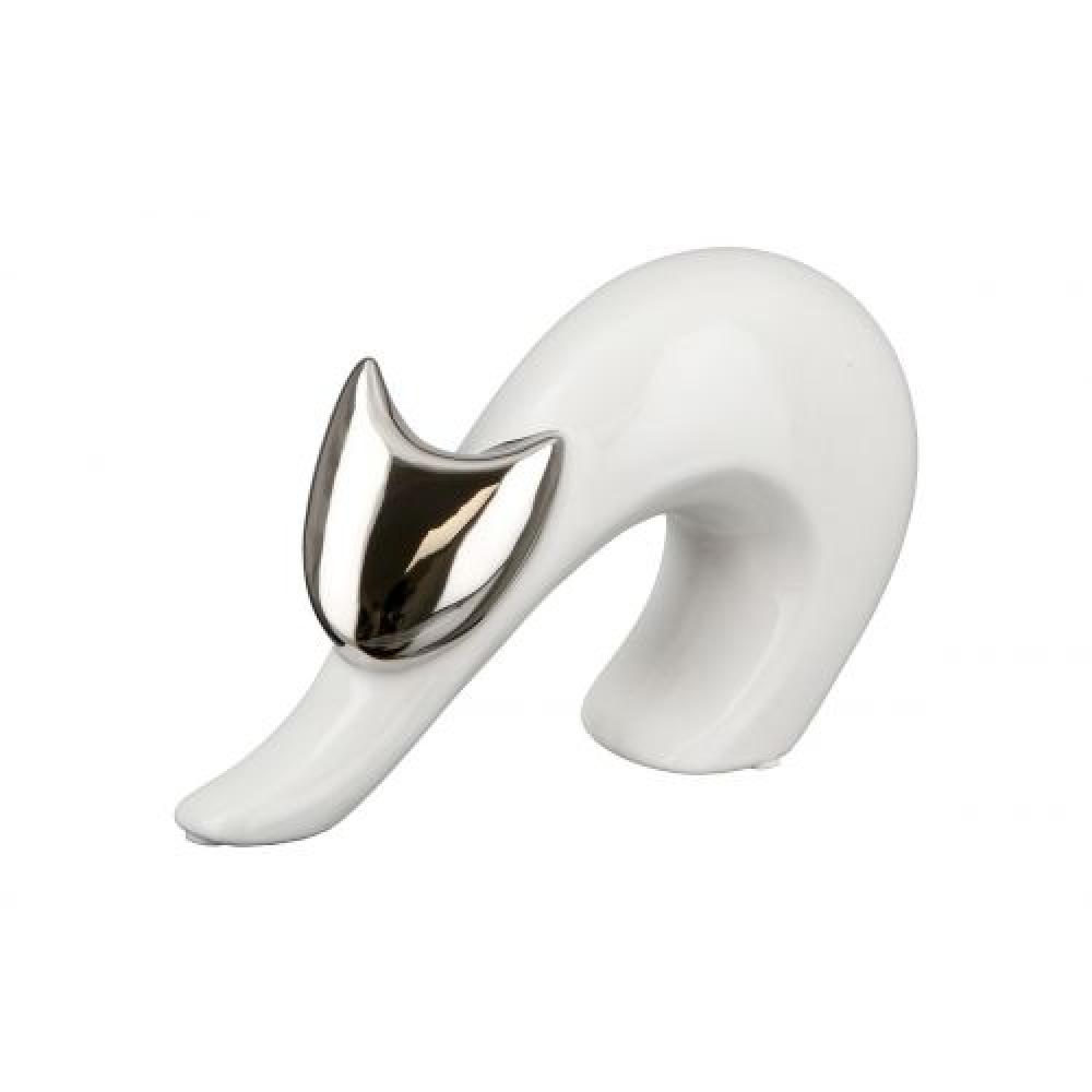 DEKORATIVE FIGURINE - CAT MONA H12CM, WHITE/SILVER COLOR, CERAMIC, Gilde