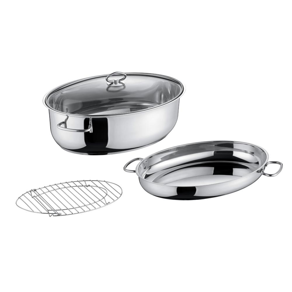 KATLU KOMPL. CEPŠANAI/SAUTĒŠANAI 8.5L/4L 38X25.5, AR RESTI, STIKLA VĀKU, NER.TĒR., INDUKCIJAI, Berndes