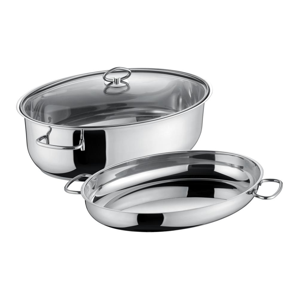 KATLU KOMPL. CEPŠANAI/SAUTĒŠANAI 8.5L/4L 38X25.5, AR RESTI, STIKLA VĀKU, NER.TĒR., INDUKCIJAI, Berndes