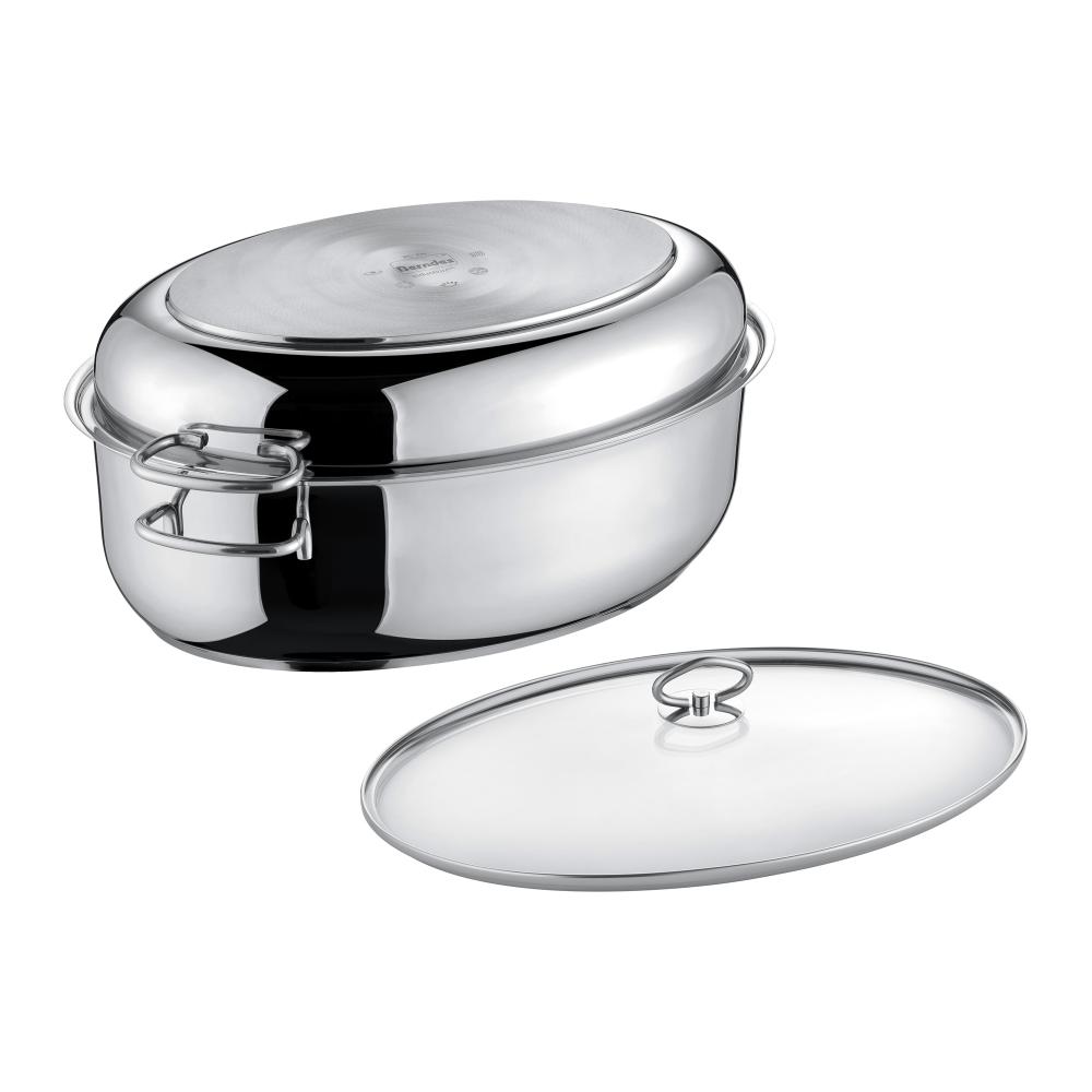 KATLU KOMPL. CEPŠANAI/SAUTĒŠANAI 8.5L/4L 38X25.5, AR RESTI, STIKLA VĀKU, NER.TĒR., INDUKCIJAI, Berndes