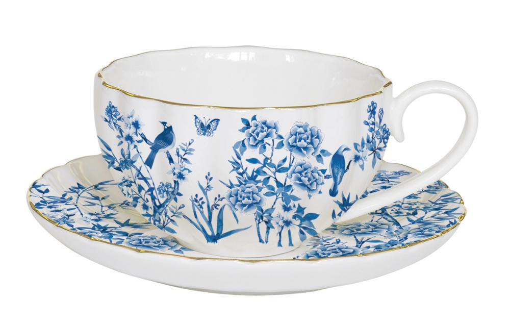 PARADISE GARDEN CUP 200ML W SAUCER, BLUE DECOR, PORCELAIN, GIFT BOX, Easy Life