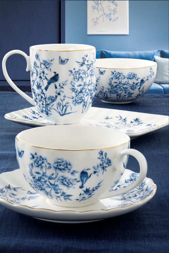 PARADISE GARDEN CUP 200ML W SAUCER, BLUE DECOR, PORCELAIN, GIFT BOX, Easy Life