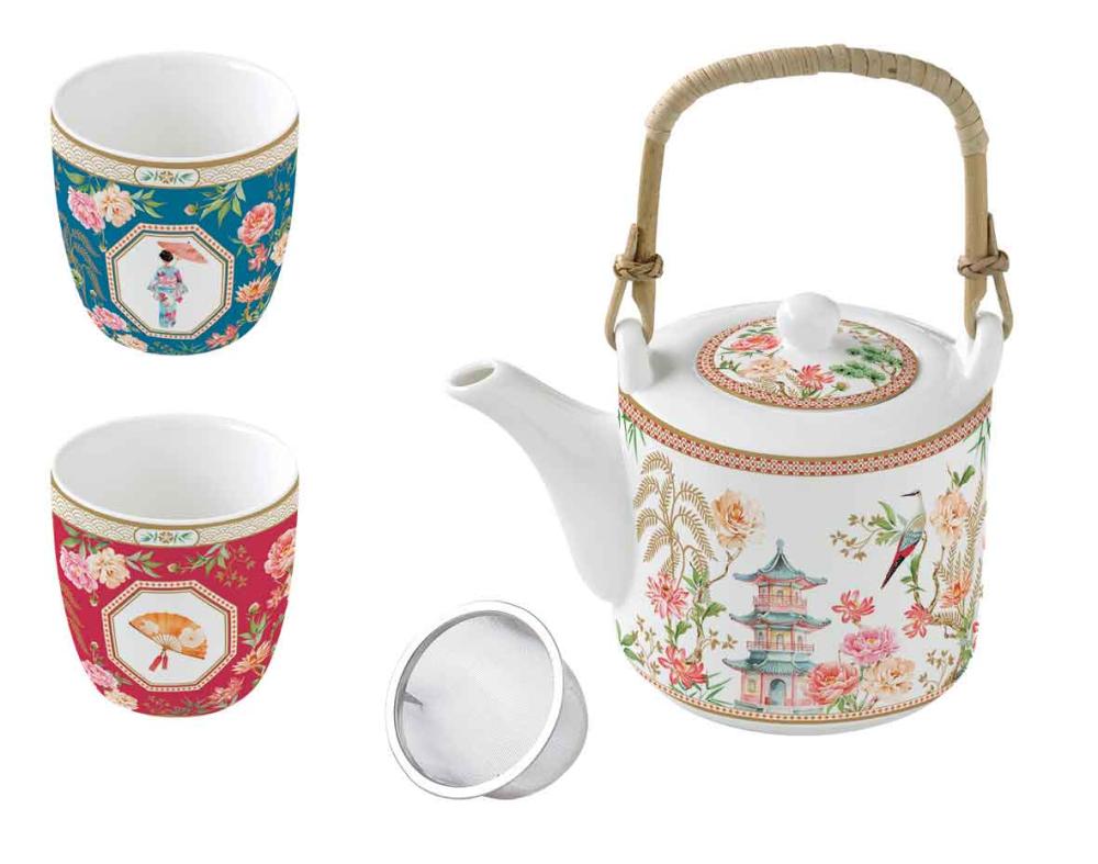 JARDINS D'ORIENT TĒJAS KOMPL. TĒJKANNA 600ML AR SIETIŅU, TASES 160ML 2GAB, PORCELĀNS, DĀVANU KASTĒ, Easy Life
