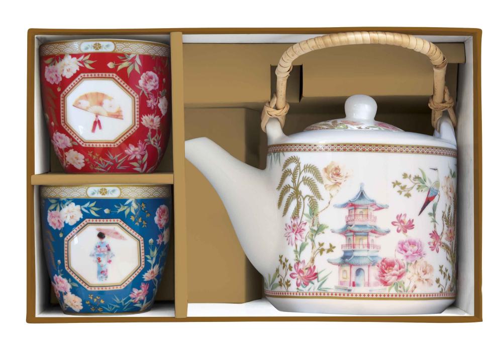 JARDINS D'ORIENT TĒJAS KOMPL. TĒJKANNA 600ML AR SIETIŅU, TASES 160ML 2GAB, PORCELĀNS, DĀVANU KASTĒ, Easy Life