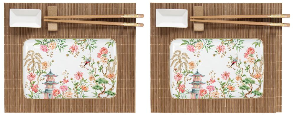 JARDINS D'ORIENT GIFT SET SUSI 2.PERS PLATE/ BOWL/ CHOPST./ PLACEMAT, PORCELAIN/WOOD, Easy Life