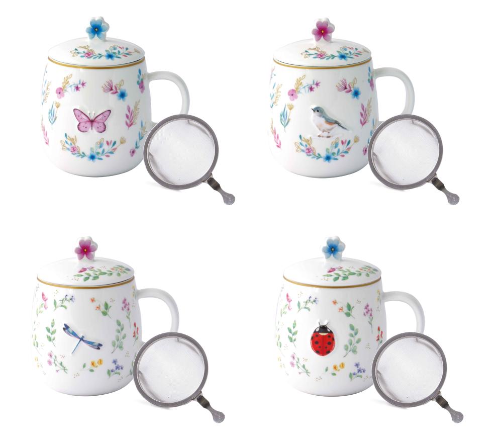 FANCY GARDEN MUG 450ML W SIEVE AND LID, 4 ASS,, PORCELAIN, GIFT BOX, Easy Life