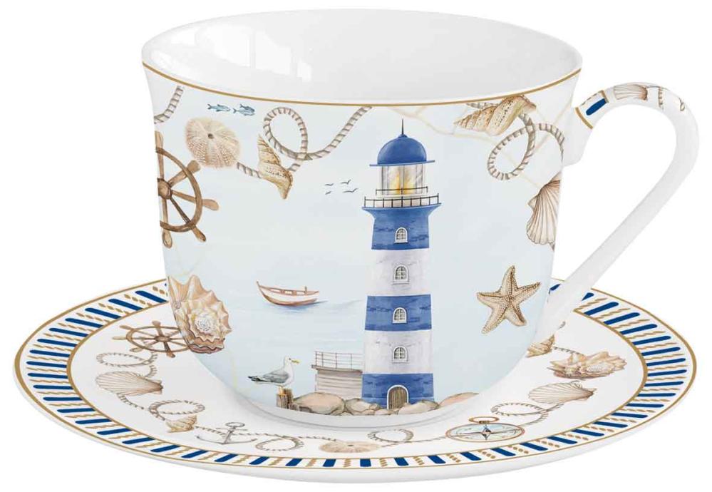 BLUE LIGHTHOUSE BREAKFAST MUG 370ML W SAUCER, PORCELAIN, GIFT BOX, Easy Life