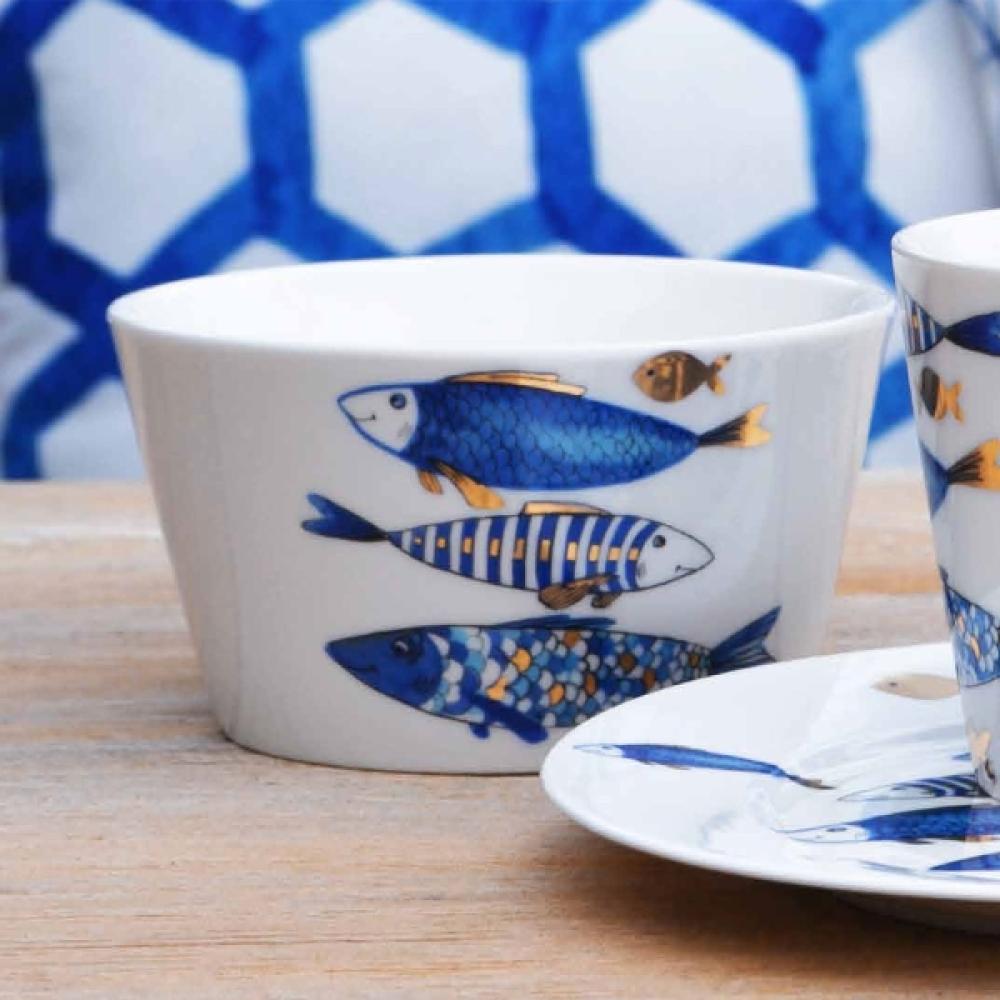 BLUE FISH BĻODA D14CM, ZILS/ZELTA DEKORS, PORCELĀNS, Werner Voss