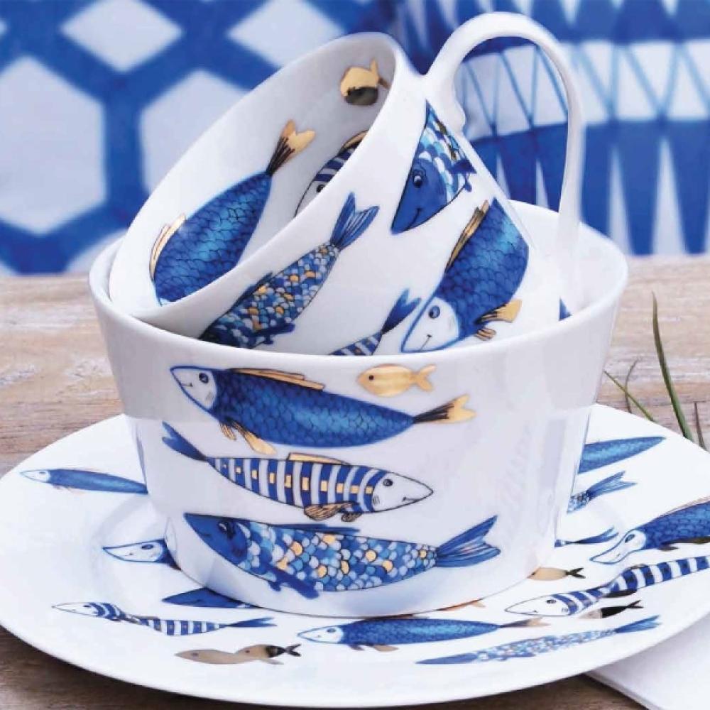 BLUE FISH BĻODA D14CM, ZILS/ZELTA DEKORS, PORCELĀNS, Werner Voss