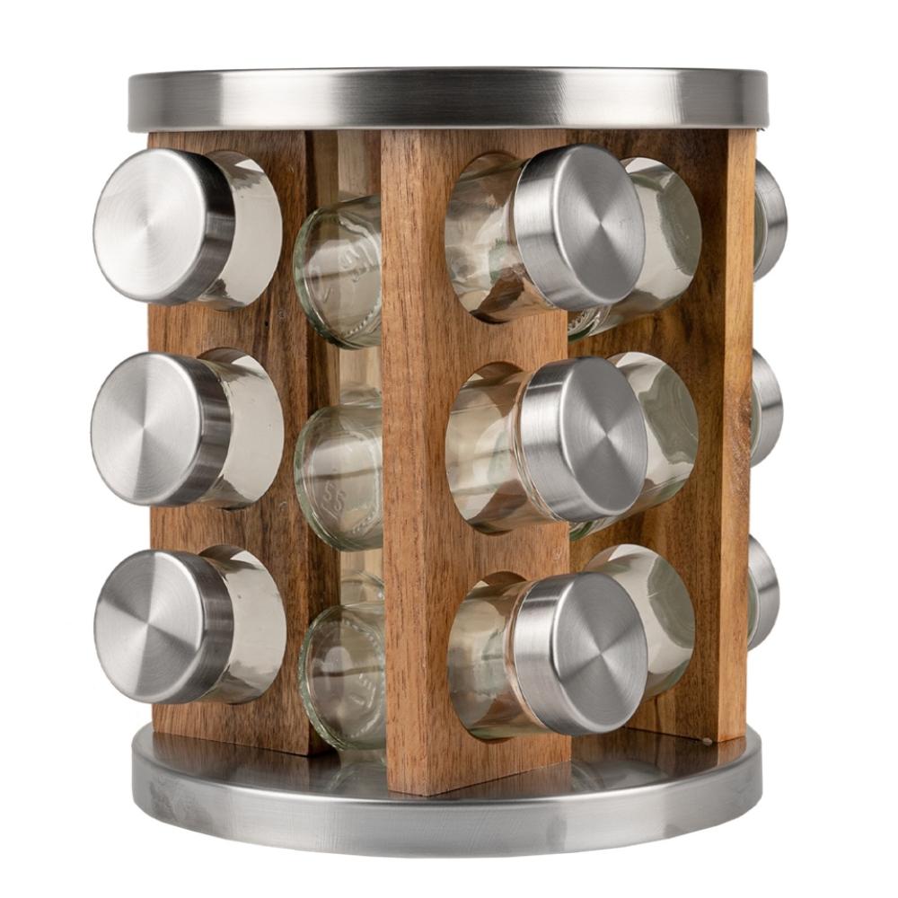 ELEMENTS SPICE RACK  WITH 12 JARS, STAINLESS STEEL/WOOD, Prymus-AGD