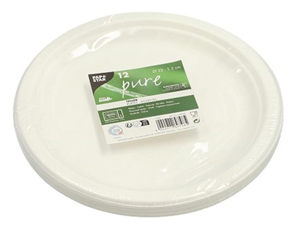 PURE PLATES 12PCS, D23CM, H2CM, WHITE, SUGARCANE 0.1962kg/pack, Pap Star